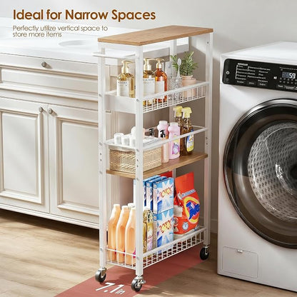 Slim Rolling Storage Cart, 4 Tier Narrow Storage Cart, 7.1in | Metal Kitchen - Image 2