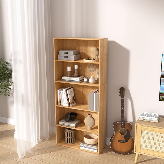5 Tier Book Shelf, Wooden 5 Cube Storage Organizer, 5 Tier Low Bookcase Storage - Image 7