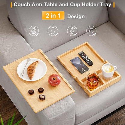 Bamboo Couch Cup Holder Tray - 2 in 1 Couch Armrest Table - Sofa Armchair Caddy - Image 3