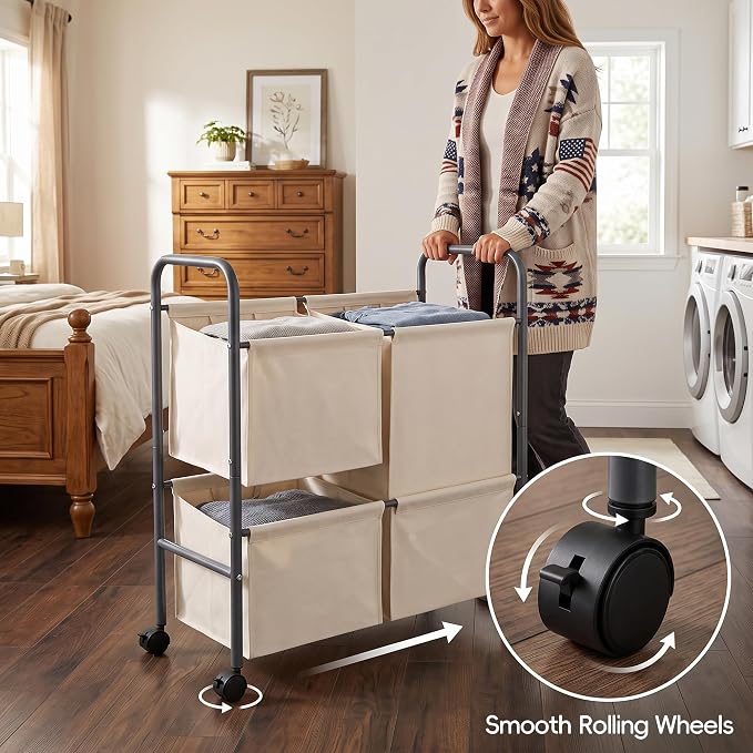 130L Laundry Hamper with Wheels, 3 Section Laundry Sorter Cart with Removable - Image 5