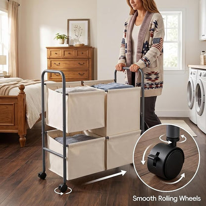 130L Laundry Hamper with Wheels, 3 Section Laundry Sorter Cart with Removable - Image 5