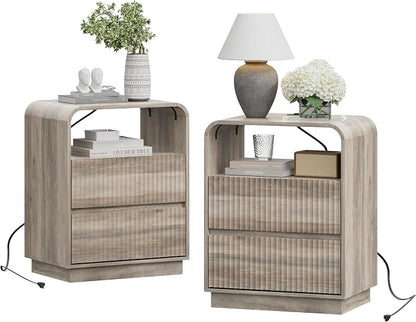 Grey Nightstands Set of 2 with Charging Station, Mid Century Modern End Tables - Image 8