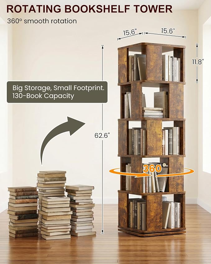 5-Tier Rotating Bookshelf Tower, 360° Square Spinning Book Shelf | Floor - Image 2
