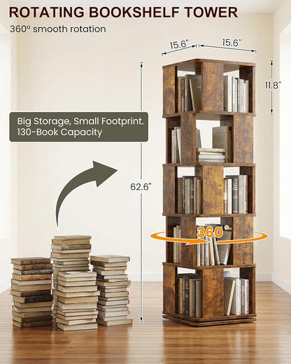 5-Tier Rotating Bookshelf Tower, 360° Square Spinning Book Shelf | Floor - Image 2