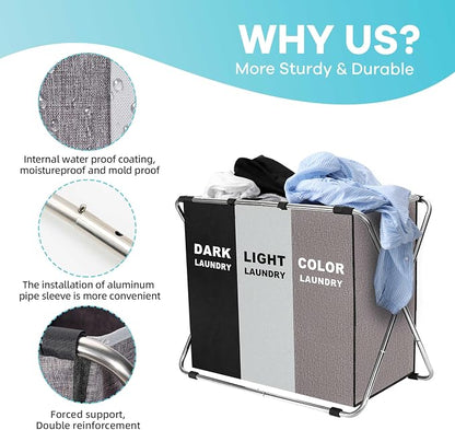 150L Laundry Cloth Hamper Sorter Basket Bin Foldable 3 Sections - Image 4