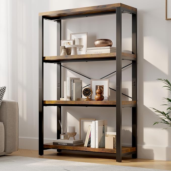 4-Tier Adjustable Heavy Duty Bookshelf, Industrial Wooden Open Storage Rack by WelcometoIABIFO