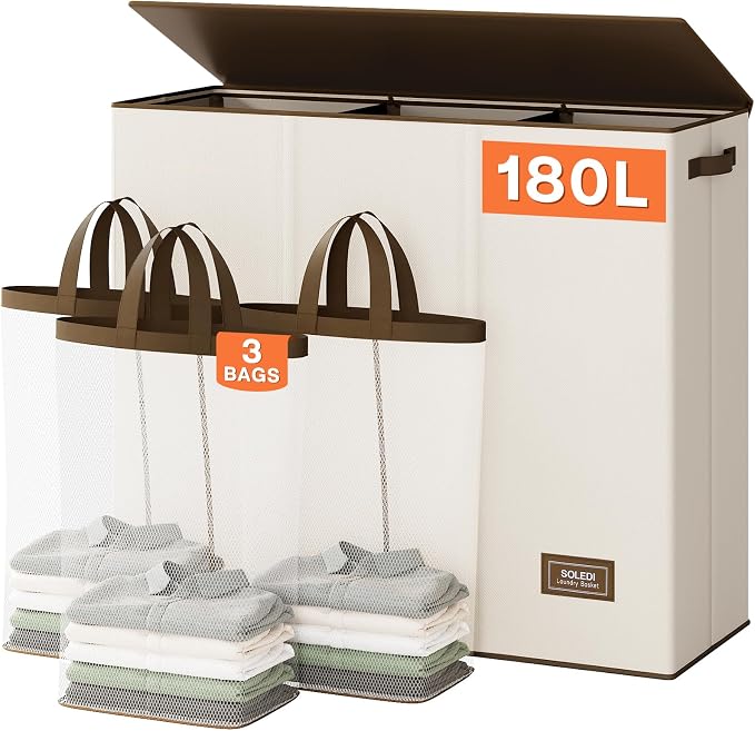 SOLEDI 180L Laundry Hamper 3 Section, Extra Large Laundry Hamper by SOLEDI