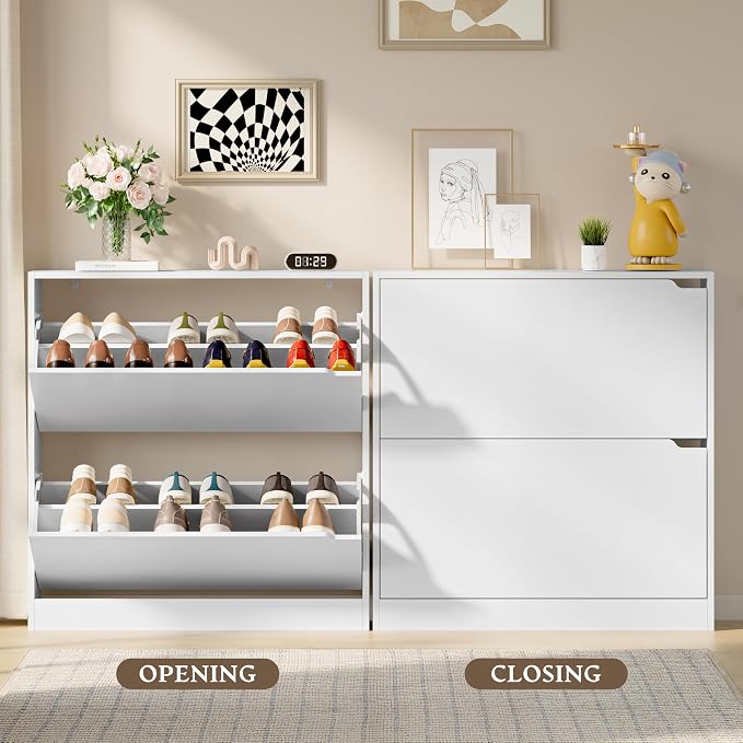 BORNOON Shoe Cabinet with 2 Flip Drawers, Slim Narrow Shoe Storage Cabinet - Image 5