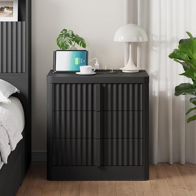 Fluted Nightstand with Charging Station, 23.6" Night Stand with Solid Wood - Image 3