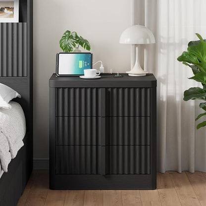 Fluted Nightstand with Charging Station, 23.6" Night Stand with Solid Wood - Image 3