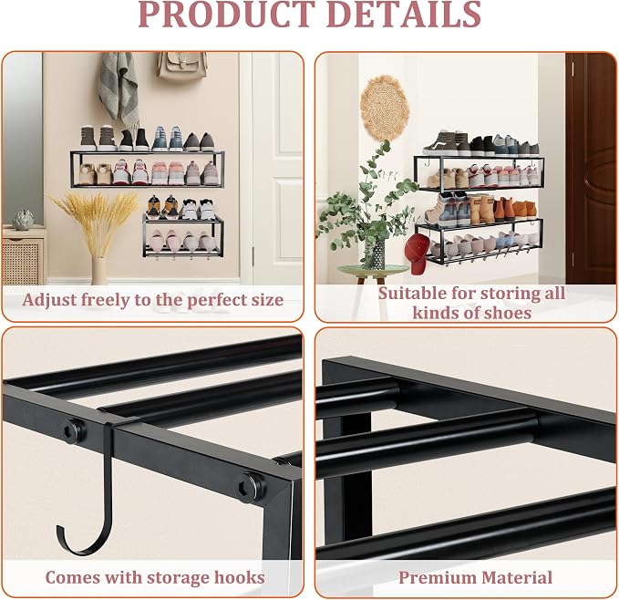 2 Pack Expandable Wall Mounted Shoe Rack, Heavy Duty Metal Shoe Holder - Image 7