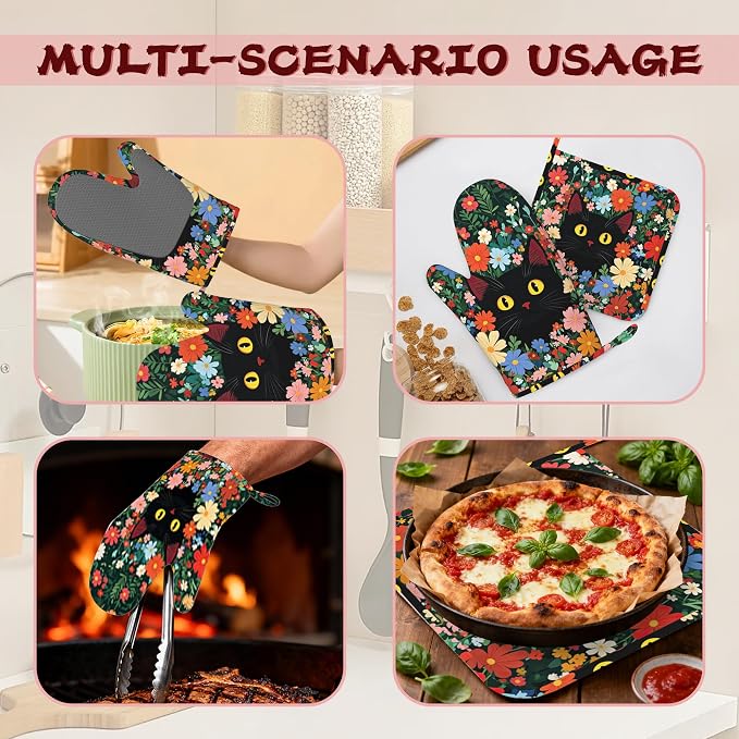 Funny Black Cat Heat-Resistant Silicone Oven Mitts and Pot Holders 4 Piece Set - Image 6