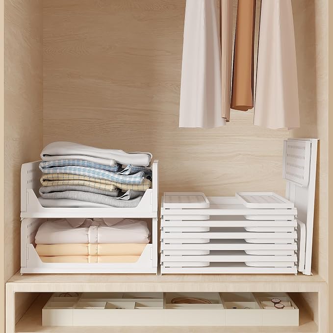 VECELO 4 Pack Plastic Closet Shelf Organizer, Stackable Sweater Storage Closet - Image 7
