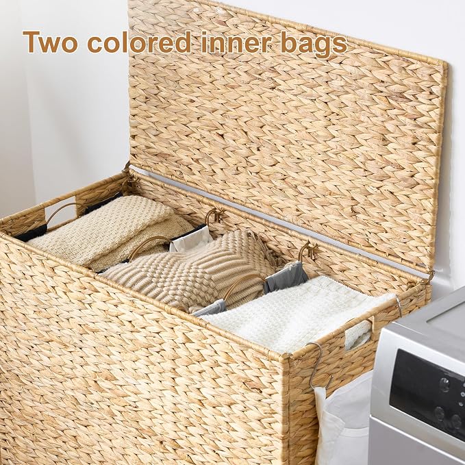 Laundry Hamper with Wheels, 52.8 Gallon Water Hyacinth Laundry Basket with Lid - Image 2