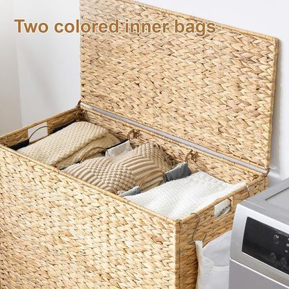 Laundry Hamper with Wheels, 52.8 Gallon Water Hyacinth Laundry Basket with Lid - Image 2