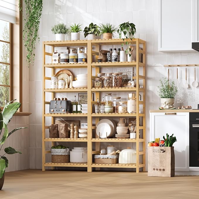 FOTOSOK 6-Tier Bamboo Shelf, Bamboo Bookcase - Image 4