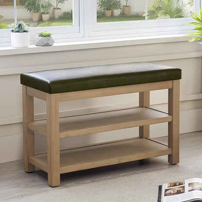 Zihanhome Shoe Rack Bench with Leather Cushion, 2 Tier Solid Wood Storage Bench - Image 4