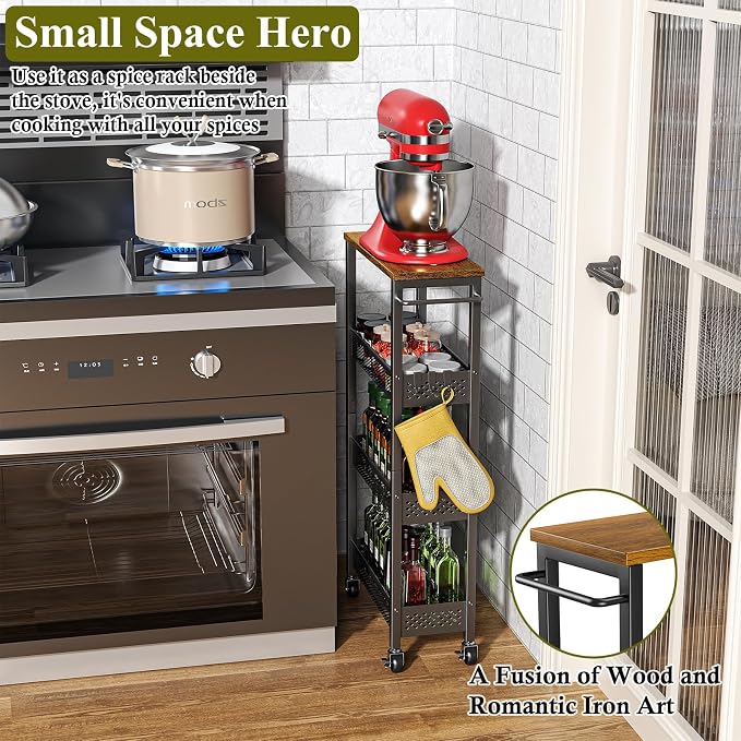 Utility Slim Storage Cart, 4 Tier Small Rolling Kitchen Laundry Room Cart - Image 3