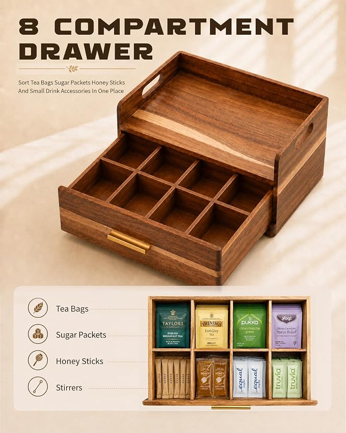 Acacia Wood Tea Bag Organizer for Countertop, Tea Holder Organizer - Image 3