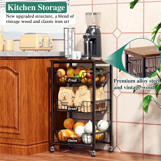 4-Tier Small Kitchen Storage Cart on Wheels, Metal Fruit Basket Stand - Image 3