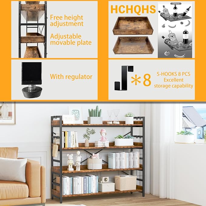 HCHQHS 4 Tier Bookshelf, Adjustable Industrial Bookcase, Vertical Tall Book - Image 5