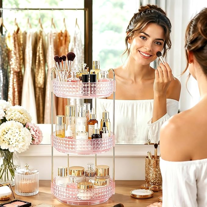 Fangoo 3 Tiers Pink Rotating Makeup Organizer - Image 5