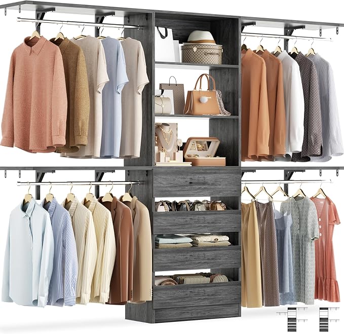 Aheaplus Closet System with 4 Drawers, 8FT Wood Closet Organizer System by Aheaplus