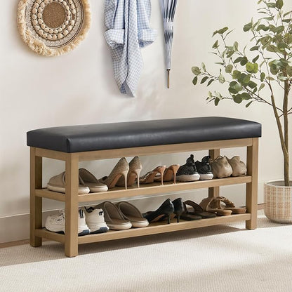 Zihanhome Shoe Rack Bench with Leather Cushion, 2 Tier Solid Wood Storage Bench - Image 3