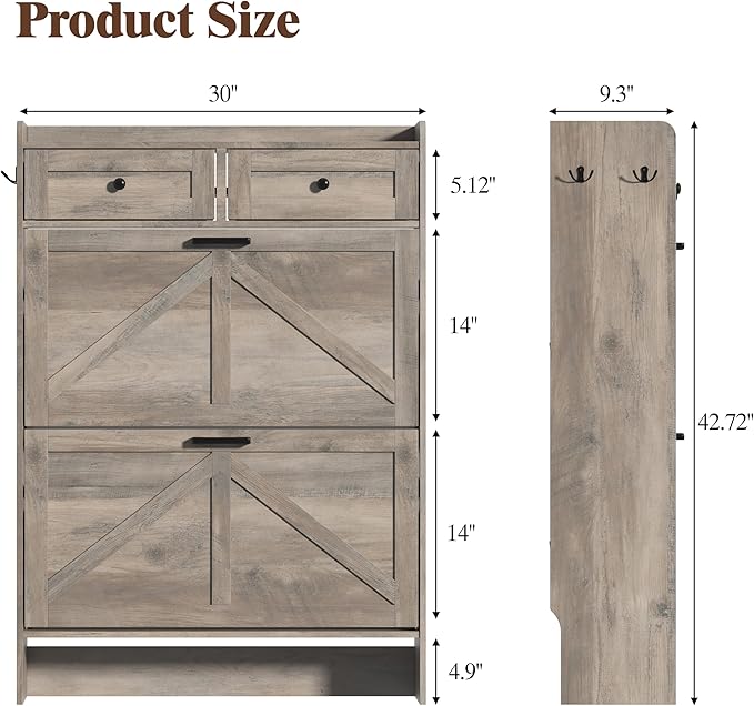 Thacuok Shoe Cabinet with 2 Flip Drawers & 2 Storage Drawers, Rustic Farmhouse - Image 2