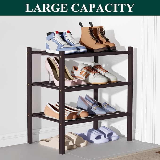 Smiry Bamboo Shoe Rack for Closet, 3 Tier Small Wooden Stackable Shoe Organizer - Image 5