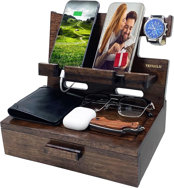 Gifts for Men Women Husband Son Boyfriend Him Nightstand Organizer Wood Phone - Image 8