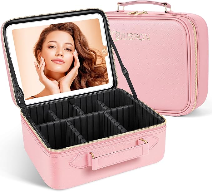 JUSRON Travel Makeup Bag With LED Mirror, Train Case with Light up Mirror by JUSRON
