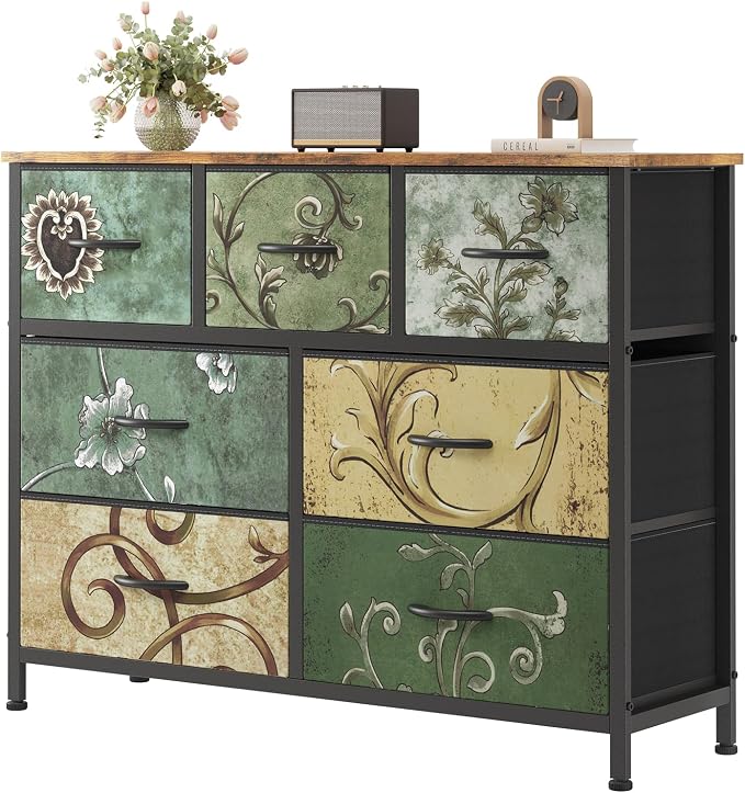 Sweetcrispy 7 Drawer Dresser for Bedroom Storage, Fabric Bins, Floral Print | by Sweetcrispy