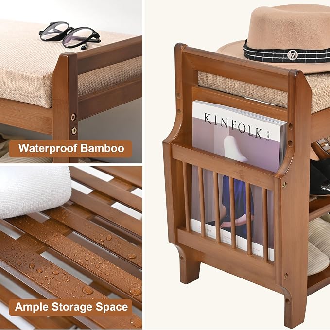 PETKABOO 2 Tier Shoe Bench, Bamboo Shoe Rack Bench, Shoe Storage Bench Organizer - Image 8