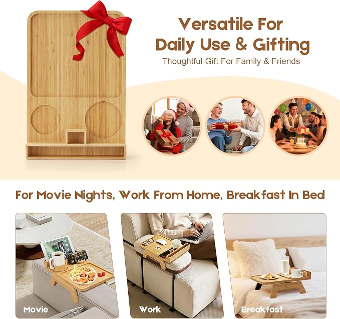 Bamboo Couch Arm Tray, with Cup Holder Phone Stand&Non-Slip | 100% side-pressed - Image 6