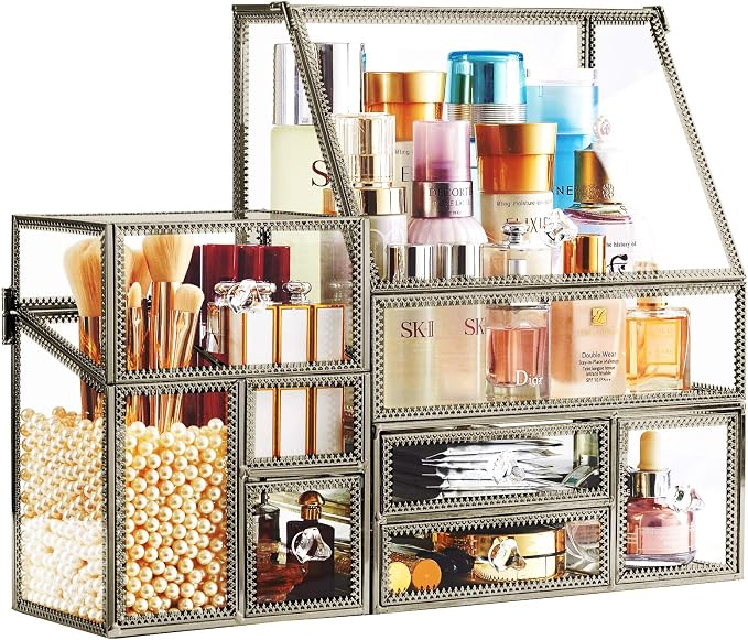 Hersoo Glass Antique Brass Stackable Drawer Set Makeup Organizer - Image 6