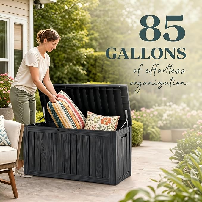 98 Gallon Large Deck Box, Waterproof Resin Outdoor Storage Box Lockable - Image 9