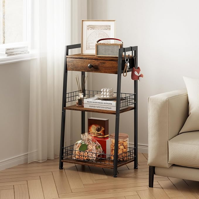 3-Tier Ladder Shelf with Drawer, Bathroom Stand Floor Storage Shelf, - Image 5