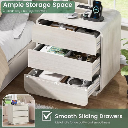 White Nightstand with Charging Station, Modern Dresser End Table with 3 Storage - Image 5