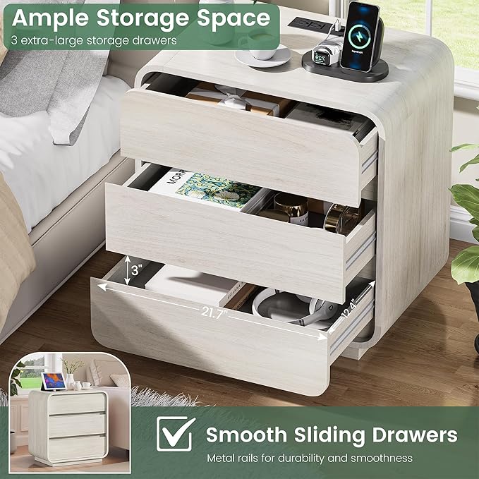 White Nightstand with Charging Station, Modern Curved End Table with 3 Storage - Image 6