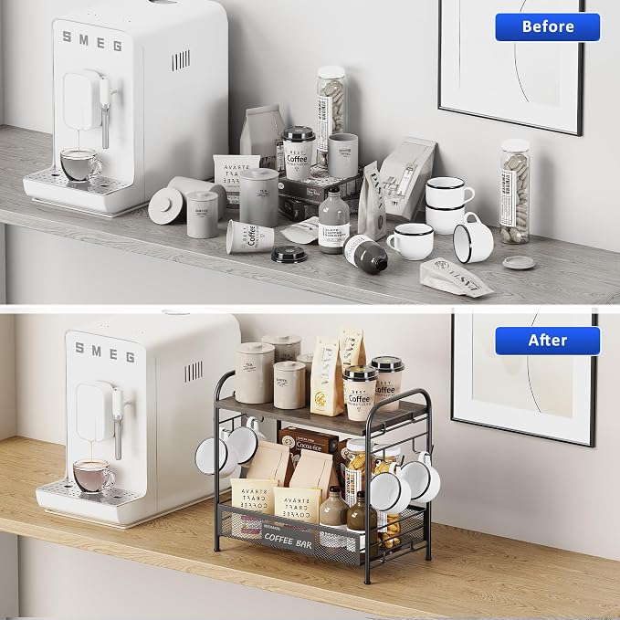 Coffee Bar Organizer for Countertop Station, Simple Assembly 2 Tier Shelf for - Image 4