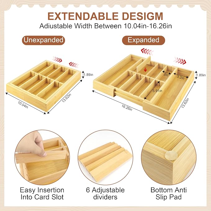 TREWAVE Bamboo Desk Drawer Organizer, Expandable Drawer Organizer Tray - Image 3
