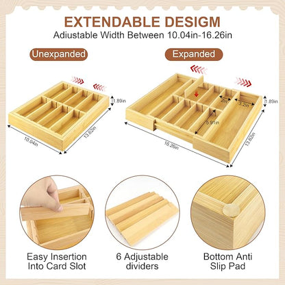 TREWAVE Bamboo Desk Drawer Organizer, Expandable Drawer Organizer Tray - Image 3