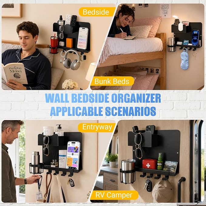 Metal Bedside Wall Shelf, No Drill Floating Bedside Shelf Wall Organizer | - Image 6