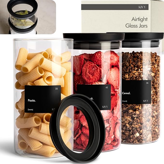 KIVY Airtight Glass Jars with Lids & Labels Stackable Glass storage jars with by KIVY