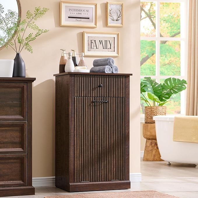 Modern Tilt Out Laundry Hamper Cabinet, 10 Gallon Fluted Trash Can Cabinet by IFBUYFarmhouseFurniture