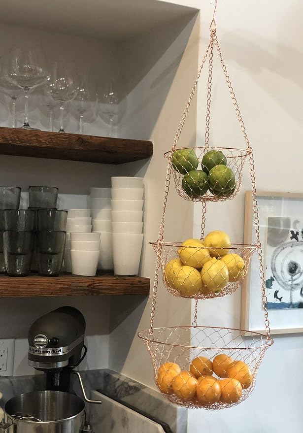 Fox Run 3-Tier Copper Kitchen Hanging Fruit Baskets - Image 2