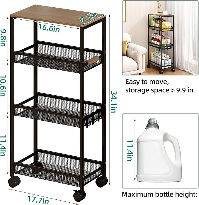 Utility Slim Storage Cart, 4 Tier Rolling Cart - Image 2