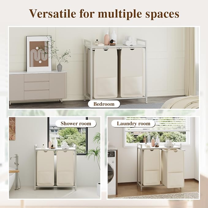 2-Section Laundry Hamper with Shelf, Pull-Out Removable 12.8 gal Bags, Metal - Image 4