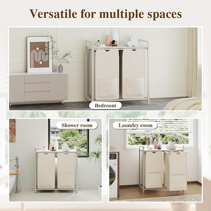 2-Section Laundry Hamper with Shelf, Pull-Out Removable 12.8 gal Bags, Metal - Image 4